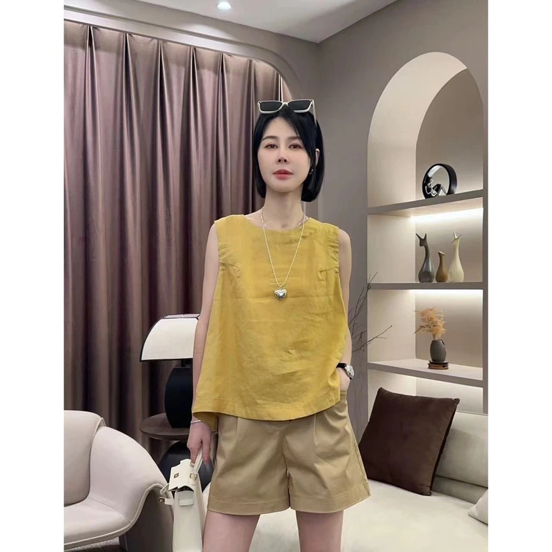 【洁子推荐】24652夏季新款韩版后开叉设计麻料上衣JZYC