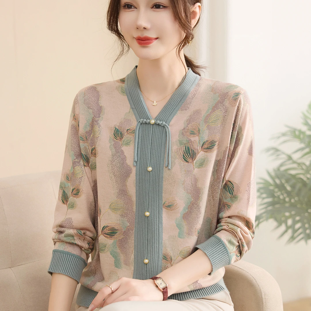 国风妈妈秋装薄针织衫时尚打底小衫2025新款中老年女内搭春秋毛衣