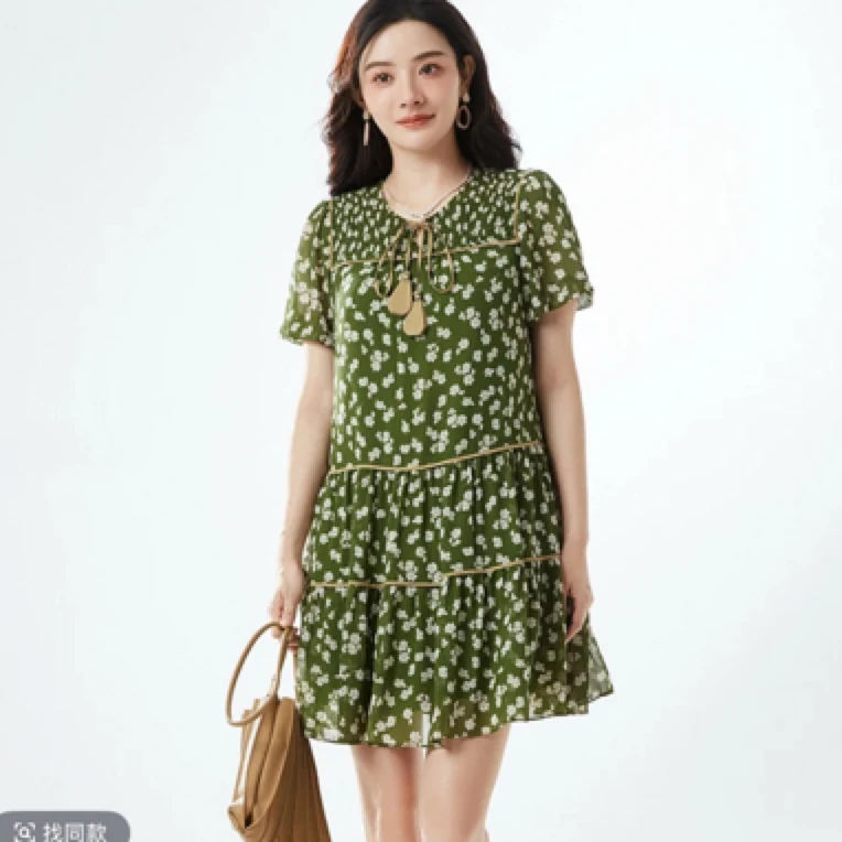 H1043黑绿花连衣裙]女士时尚气约潮拼接裙子春秋色牛ssss