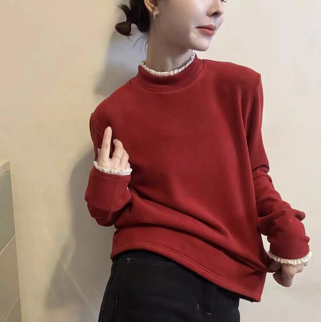 花边领打底衫2025新款今年流行爆款加绒厚款德绒半高领长袖t恤女