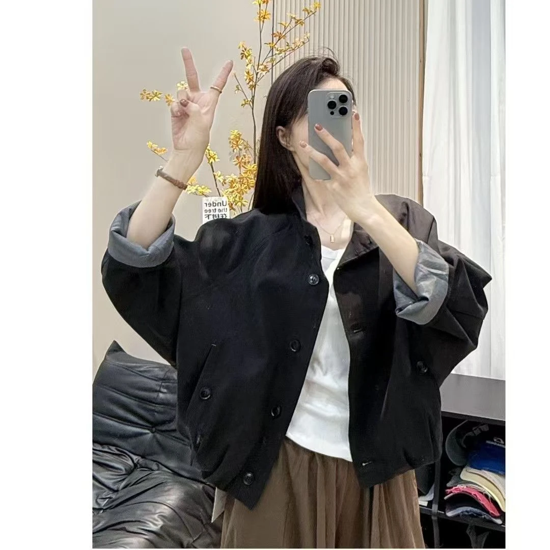 2025年秋季新款拼接条纹休闲宽松韩系简约百搭女短款风衣外套潮