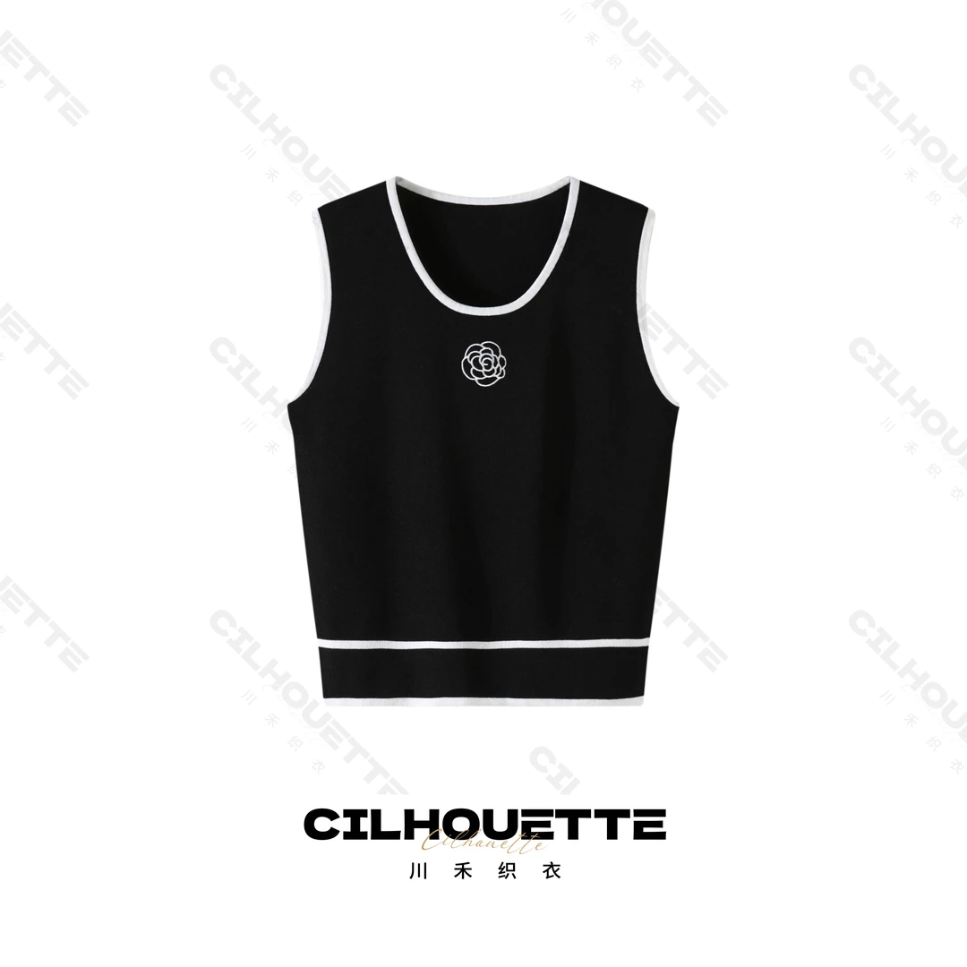 川禾织衣 春夏撞色刺绣圆领背心时尚针织打底衫无袖马甲吊带内搭