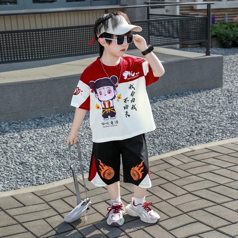 男童夏季哪吒夏装短袖套装2025新款洋气男孩儿童衣服两件套帅气潮