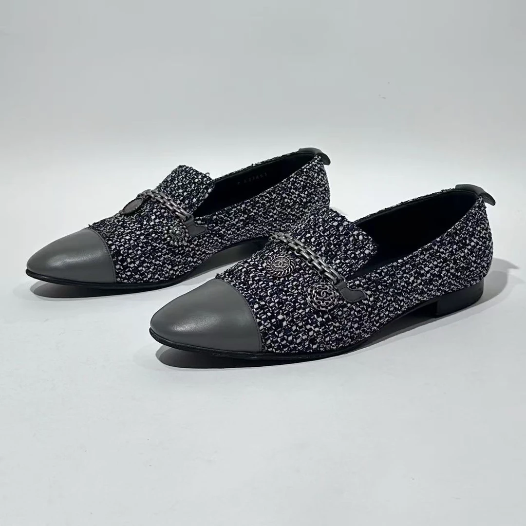 95新 Chanel/香奈儿 38.5码 蓝黑勋章乐福鞋/MLC1764