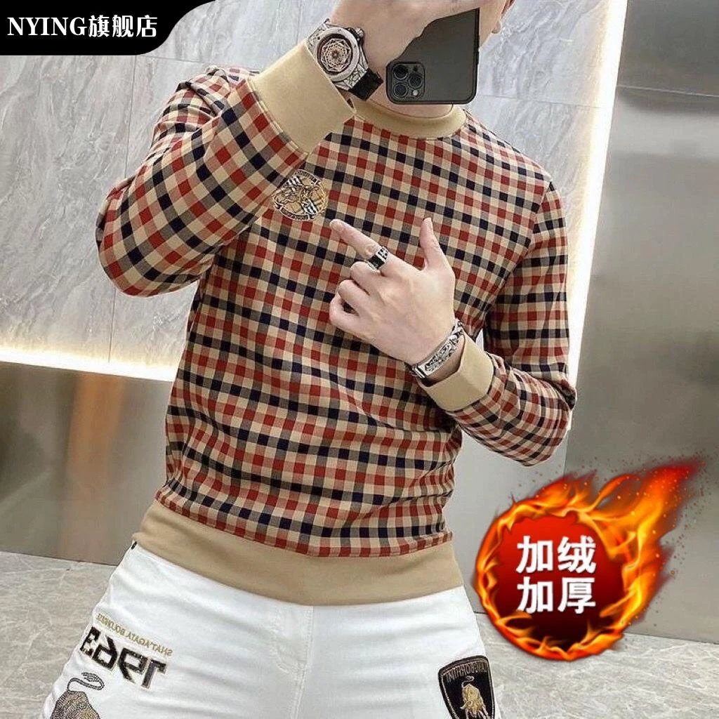 NYING欧洲站秋冬男士T恤长袖加绒格子刺绣上衣套头打底衫高档卫衣