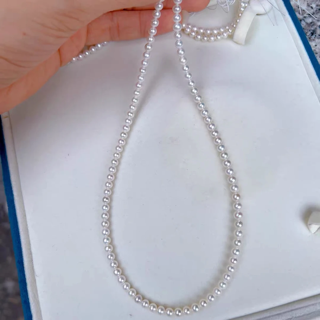 天然淡水4-5mm白色小米链珍珠项链时尚百搭S925银抽拉尾链小米珠