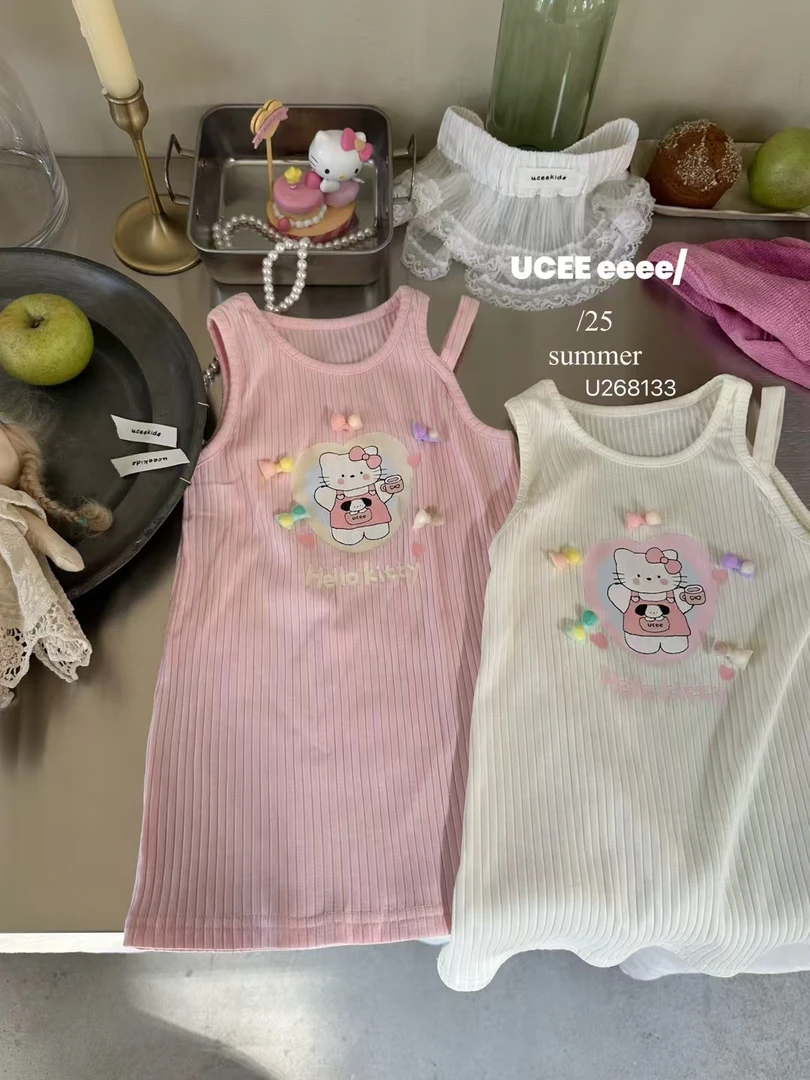 釉  2025夏季女童可爱粉色针织印花背心裙