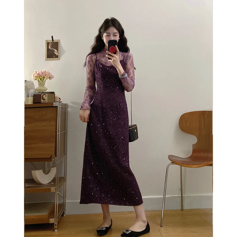 大码2025春夏新款法式气质复古轻奢吊带连衣裙蕾丝内搭显瘦轻礼服