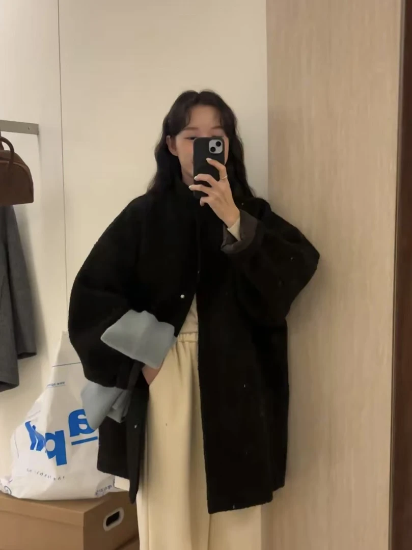 J-90638#UPONE#【高品质】韩系立领宽松单排扣夹棉毛呢外套（福利）