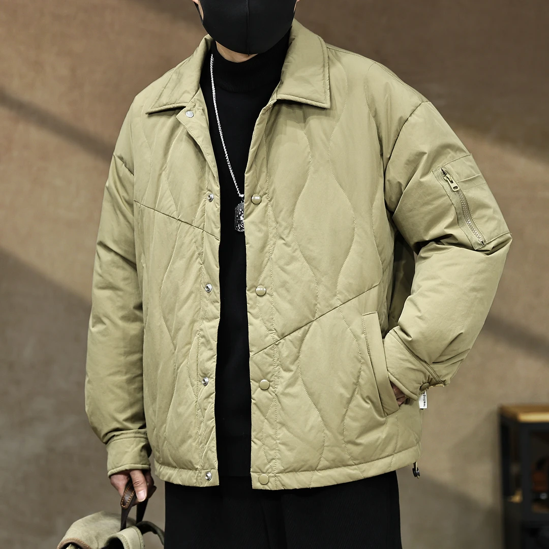 90鸭绒轻薄款衬衫式翻领羽绒服男冬季新款防寒保暖拼接工装外套潮