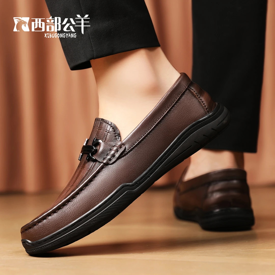 西部公羊头层牛皮豆豆鞋真皮防滑轻便男鞋一脚蹬休闲男士男款皮鞋