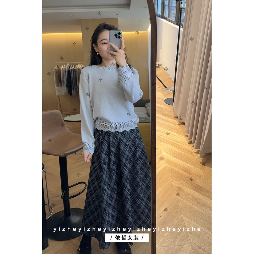 “”花边毛衣“”一字领针织毛衣女长袖针织衫春秋显瘦短款百搭