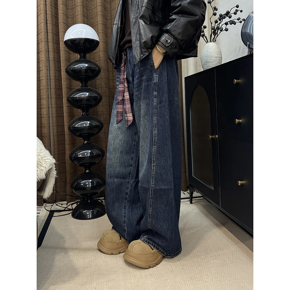随机 慵懒时光 女士显瘦阔腿弯刀裤水洗蓝宽松牛仔裤四季款0850