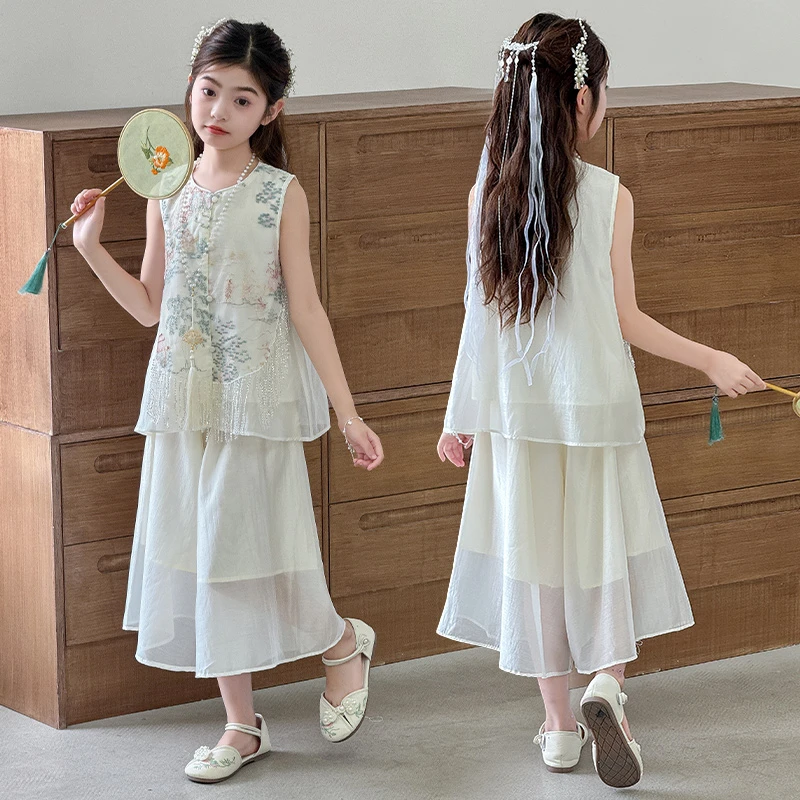 女童国风套装夏季2025新款儿童古风汉服新中式上衣阔腿裤两件套潮