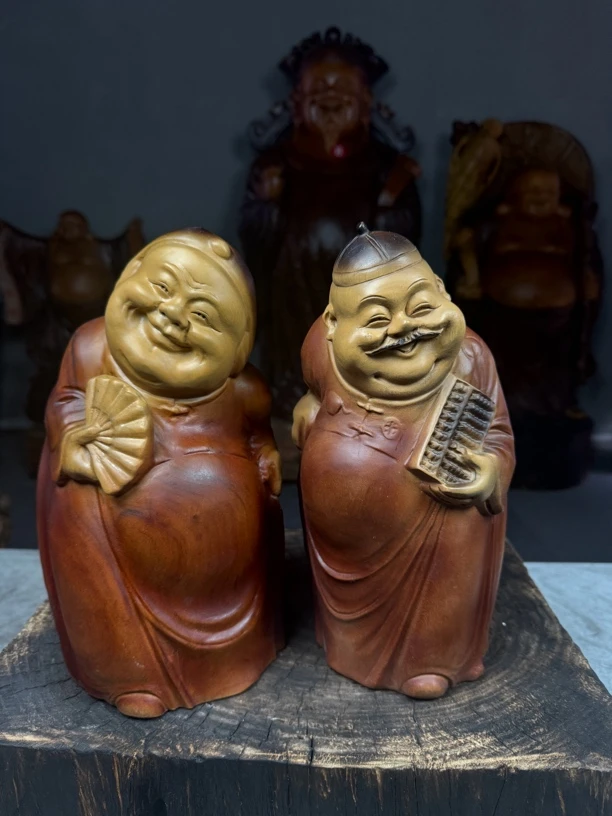 木根雕工艺品【地主公 地主婆-香樟木】整木精雕