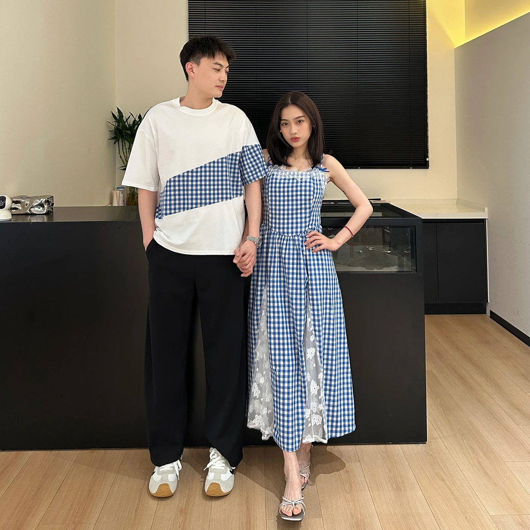 格子拼接设计休闲宽松舒适短袖T恤情侣装一衣一裙度假花边吊带裙