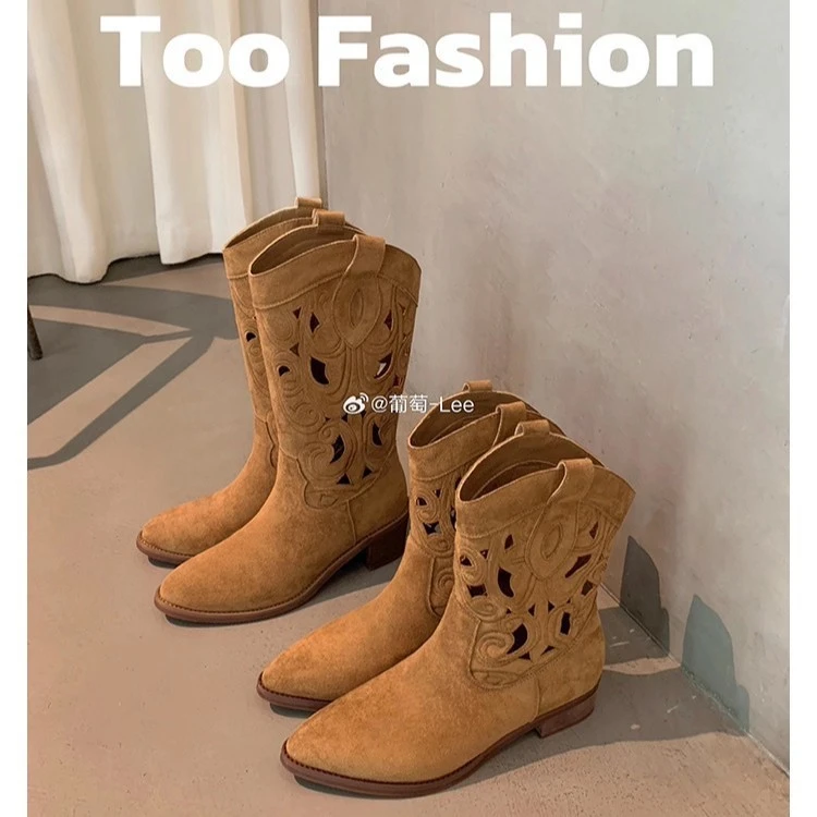 葡萄妈同款两个版本辣妹尖镂空刺绣中筒粗跟西部靴女靴子女长筒靴