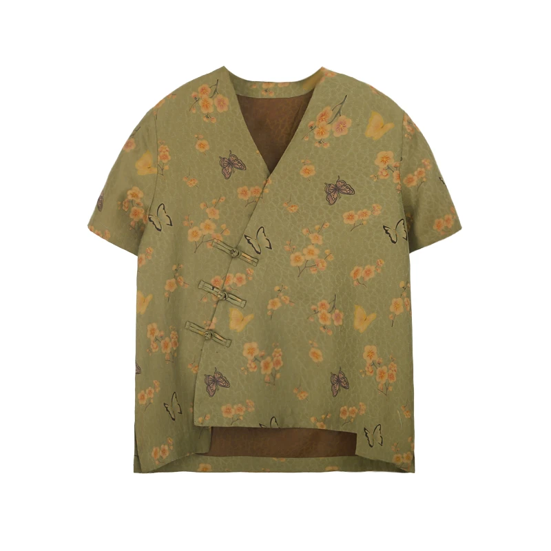 25姆米满桑前喷红云纱V领斜襟三福扣正肩开衫12437-2