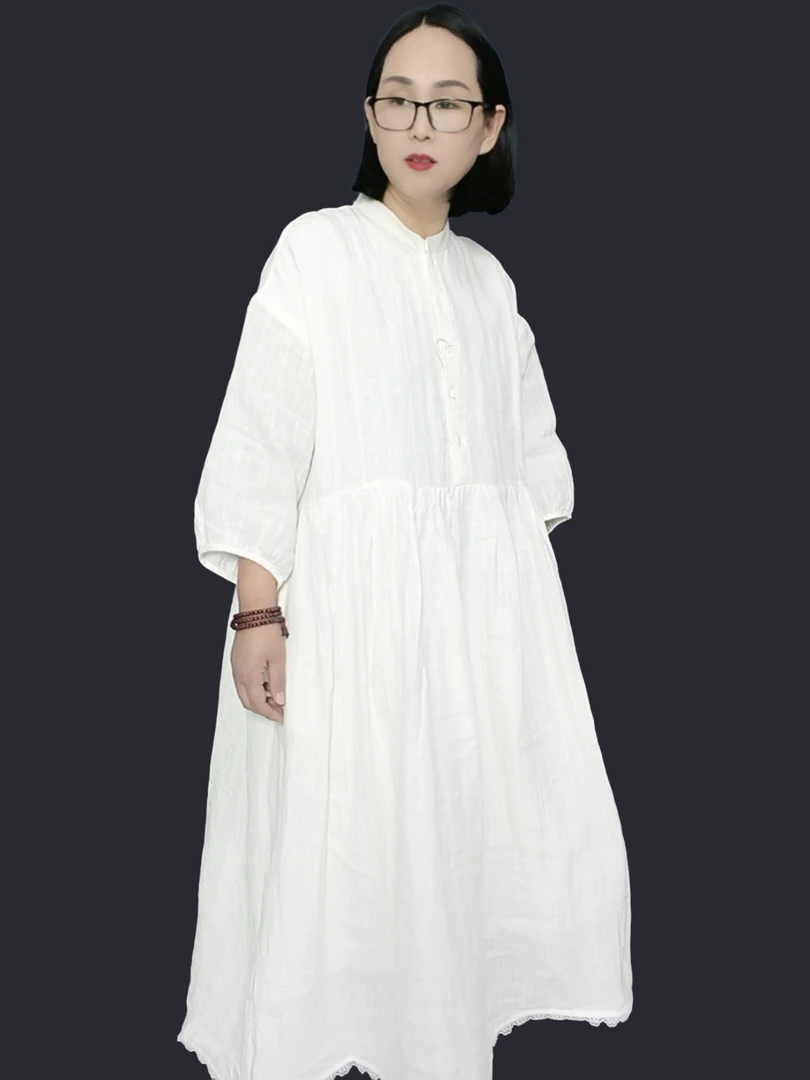 春夏新款亚麻加里衬休闲时尚百搭连衣裙