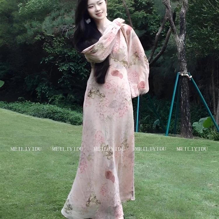 MLYD/定制 大码法式V领粉色印花长袖连衣裙女优雅气质度假风长裙