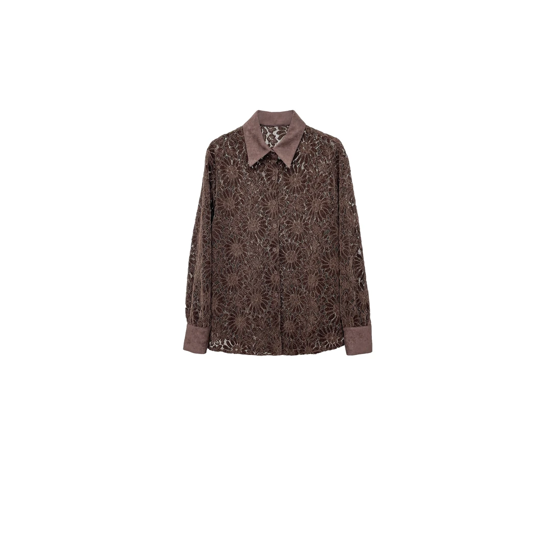 【亚楠本楠】雕花衫◆美拉德色系复古蕾丝花朵植绒衬衫8828