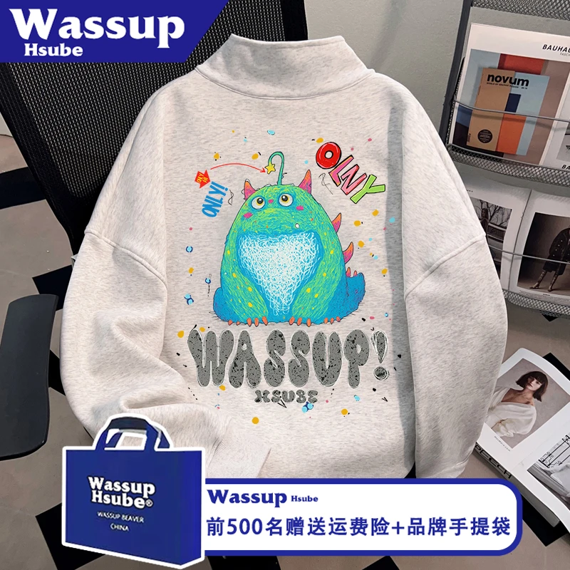 WASSUP HSUBE潮牌男女中性风上衣卡通印花开衫秋冬休闲半拉链卫衣