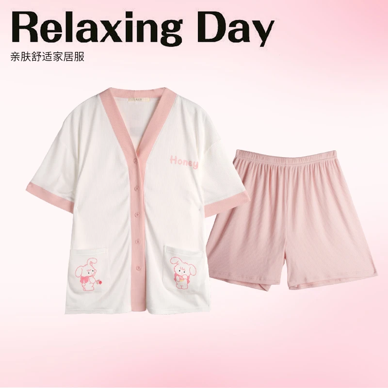 阪织屋肌理罗纹撞色V领短袖短裤开衫套装家居服睡衣