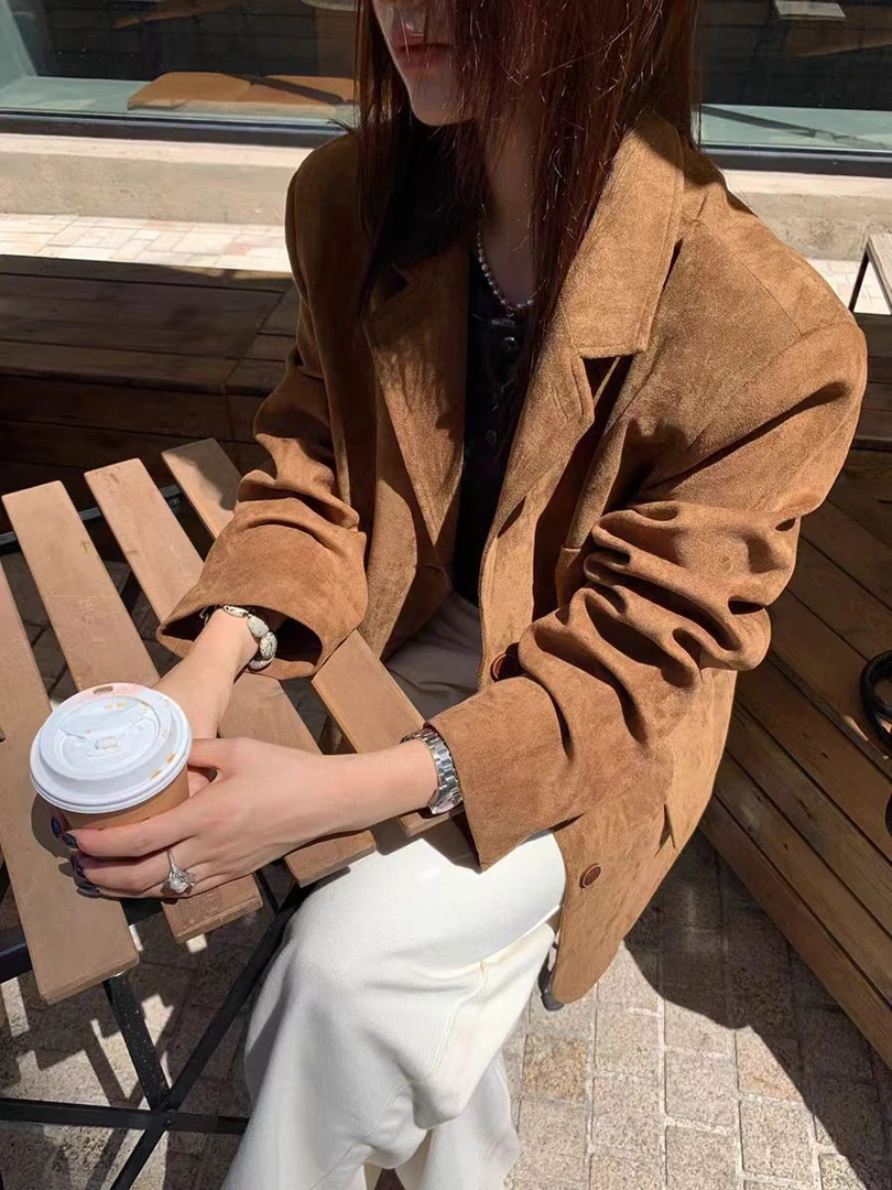 秋季琥珀流光风复古麂皮绒宽松老钱风短外套西装女休闲西服2611