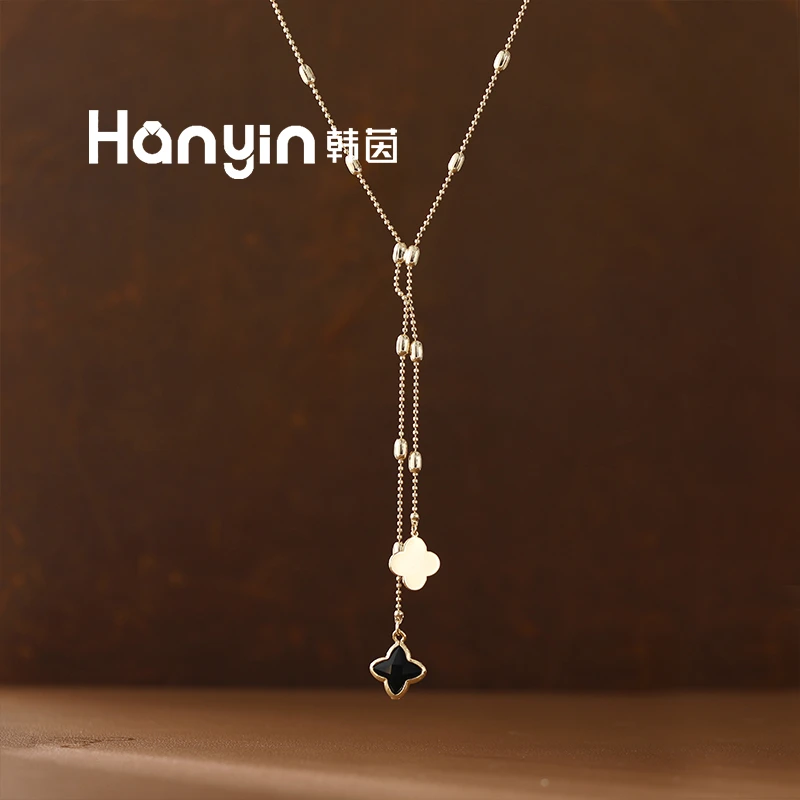 铜合金项链 43+6cm小众气质光面大颗粒微镶四叶草流苏项链