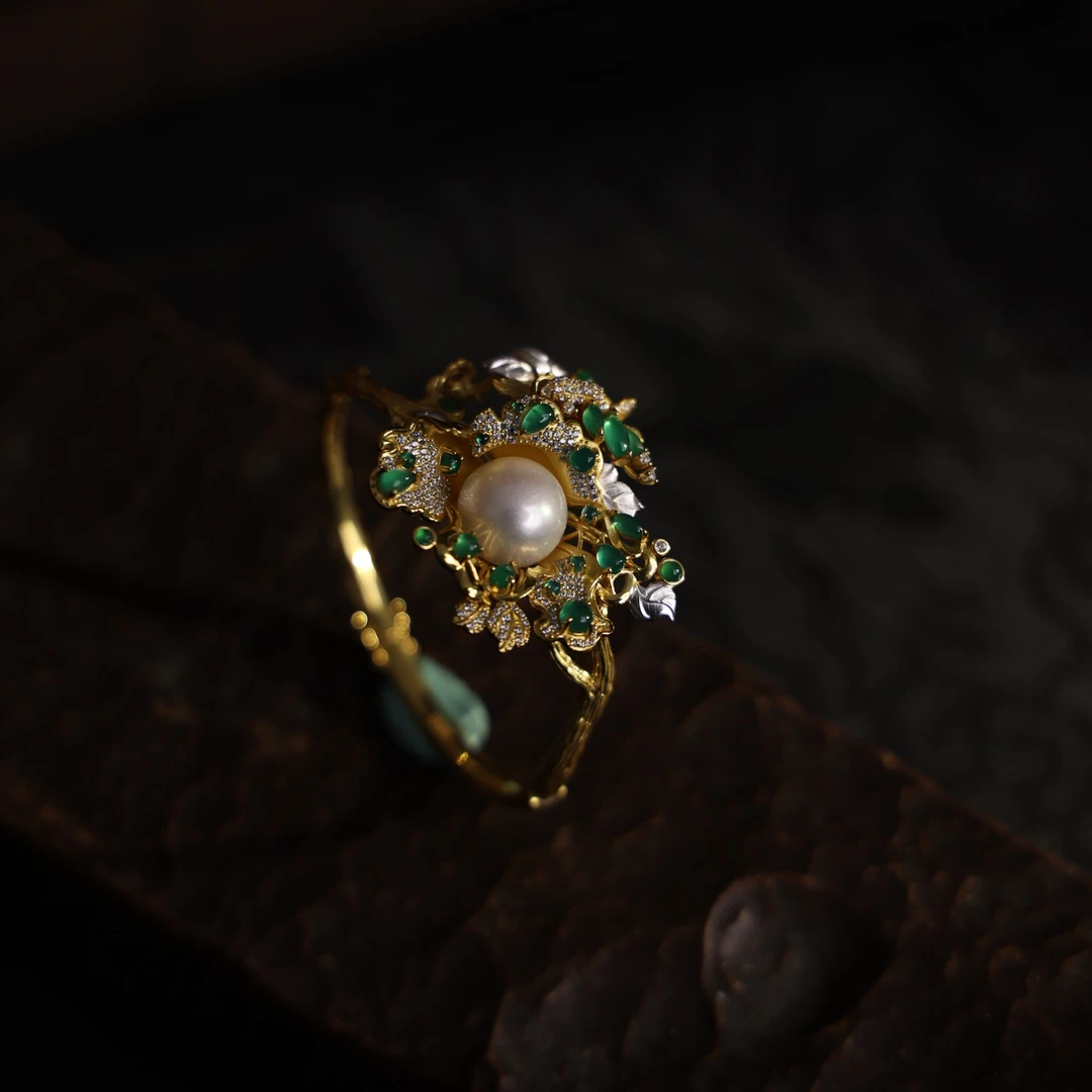 925银手镯 一枝春 925银镶珍珠牡丹花手镯