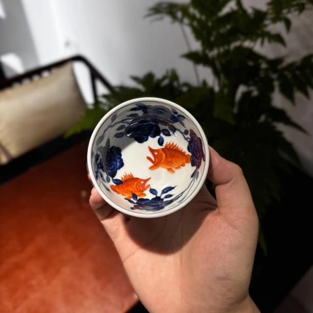 立明堂同款 青花矾红系列 月季愉悦茶圆杯