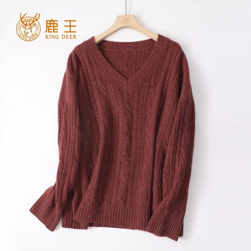 编号2024135鹿王24秋冬新款女V领100山羊绒休闲绞花针织套衫加厚