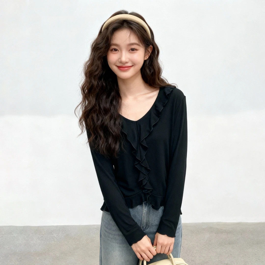 120斤的大杨 胖mm法式木耳边V领打底衫女秋百搭内搭正肩显瘦上衣