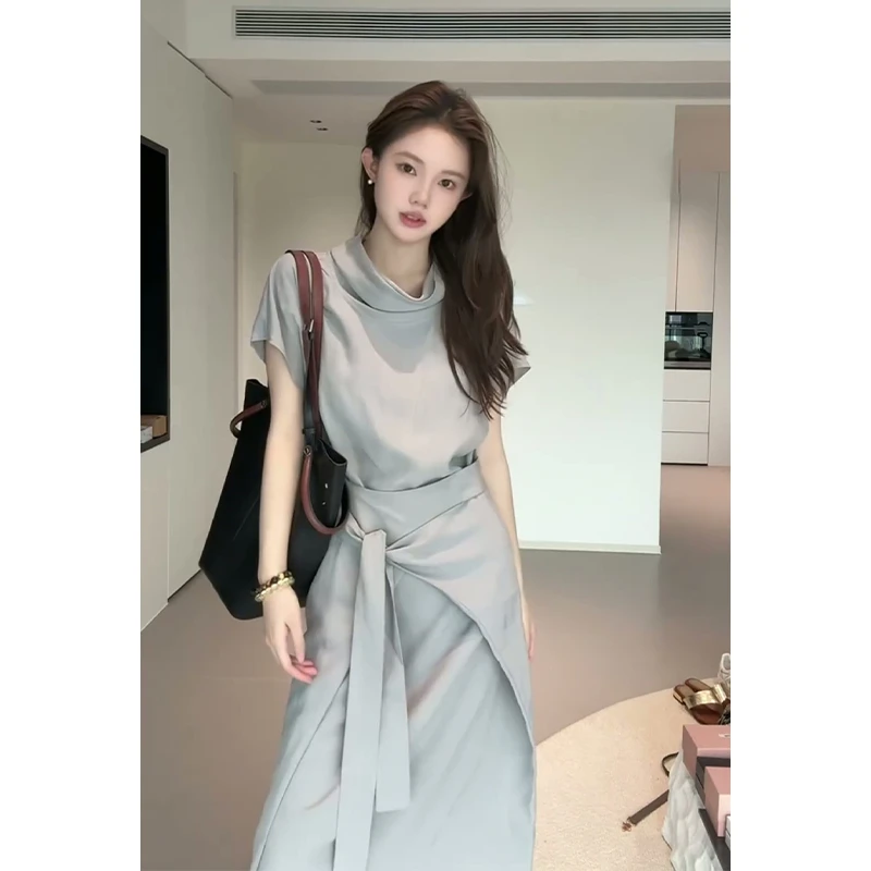 设计感连衣裙2025夏季新款法式高级感荡领修身短袖系带中长款裙子