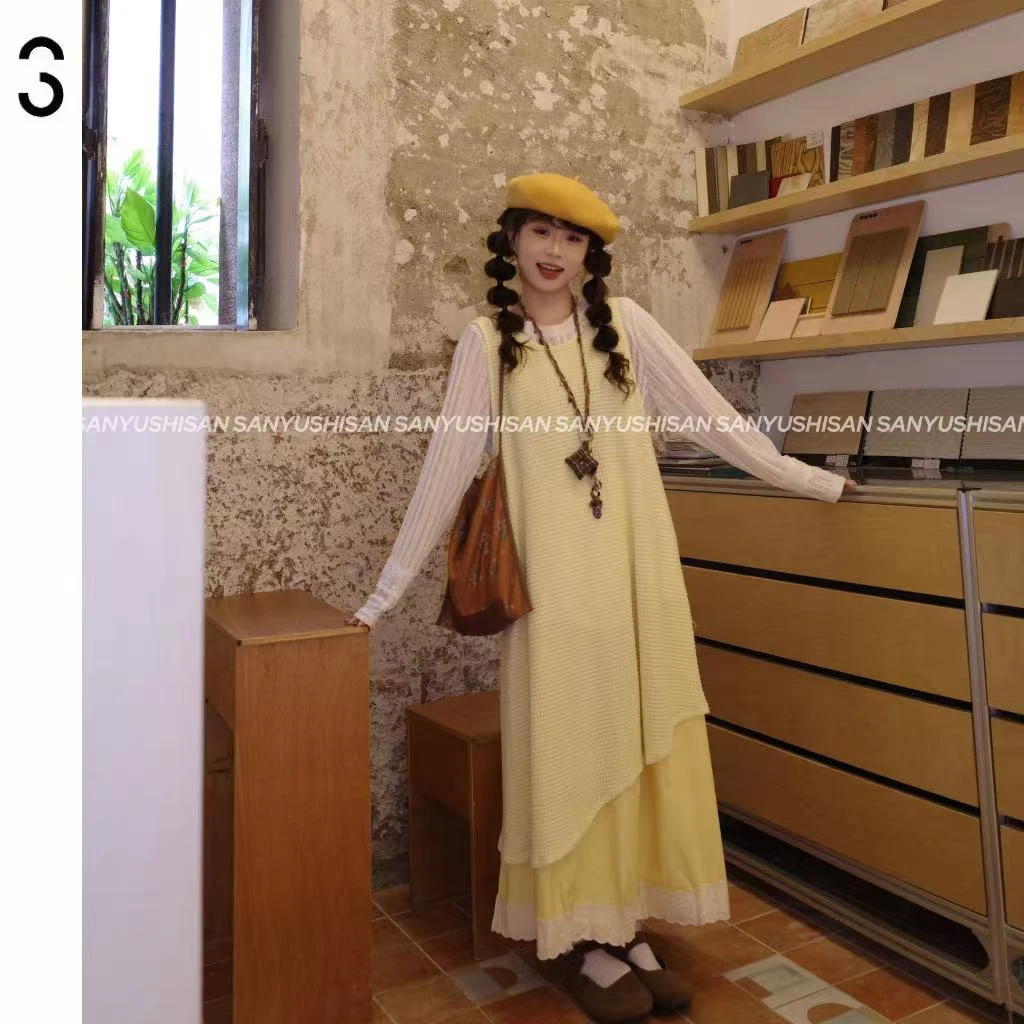 三与十三|小岛微风|春季斜边不规则下摆网格糖果色系背心连衣裙T