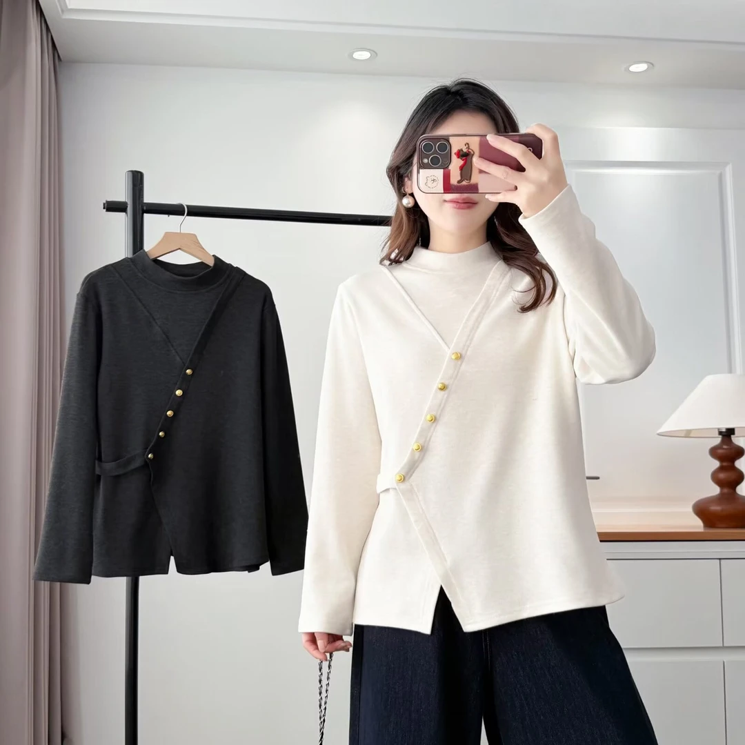 大码胖mm秋冬慕斯绒打底衫设计感假两件开叉保暖内搭T恤上衣9912