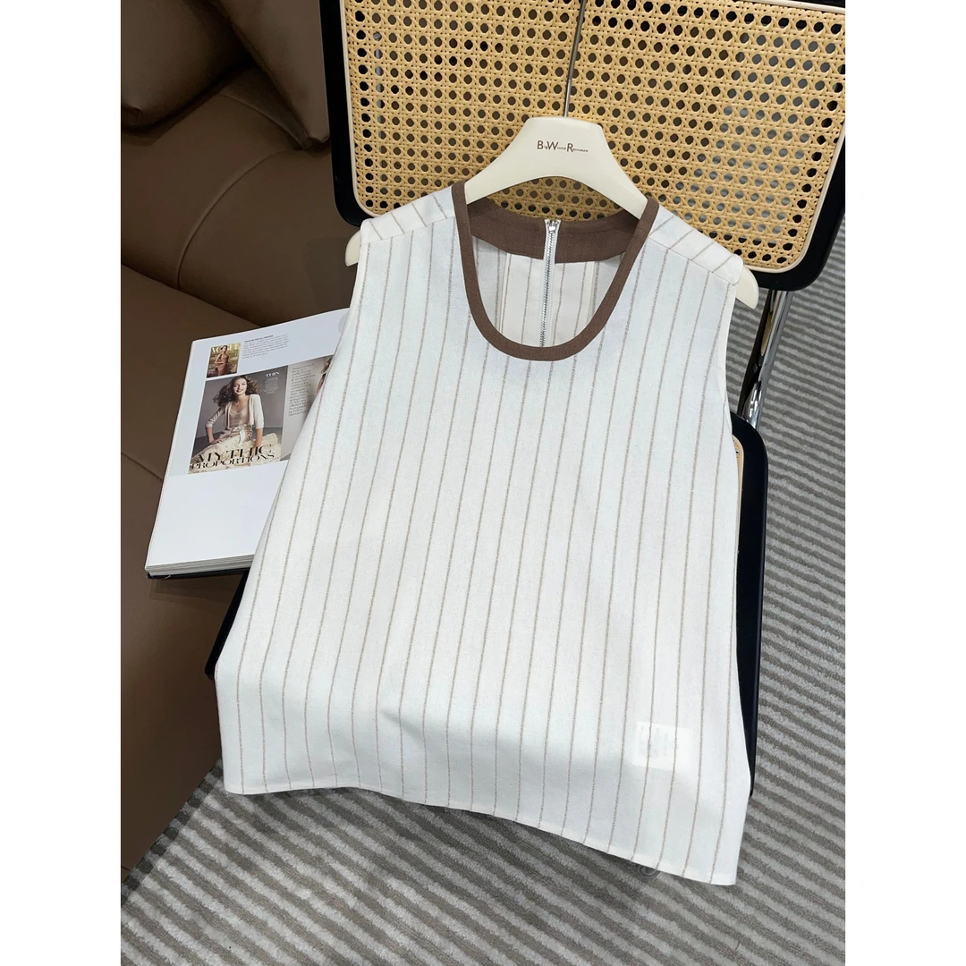 “纸片背心”亚麻无袖显瘦经典竖条纹背心D5L546
