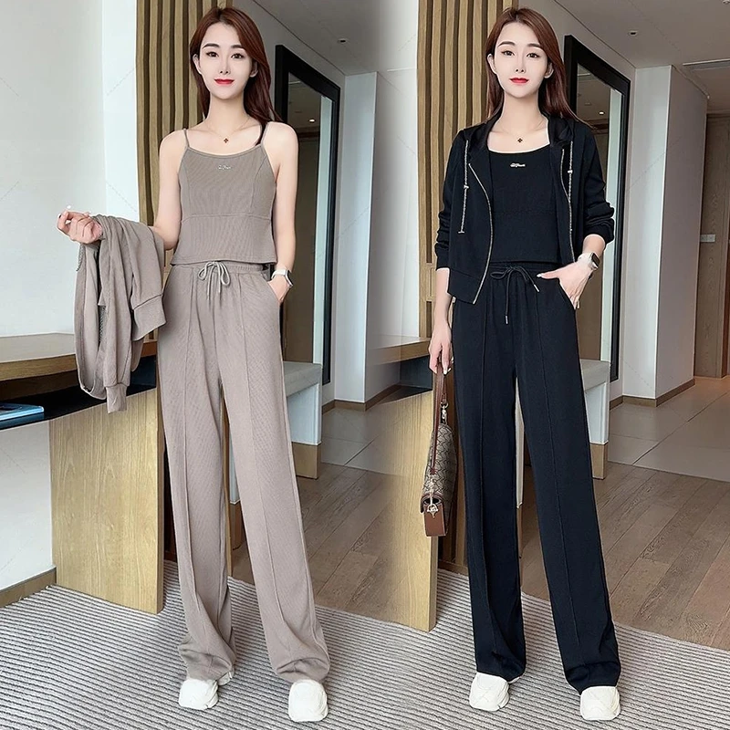 时尚休闲套装女2025年春秋季新款洋气背心外套阔腿裤运动服三件套