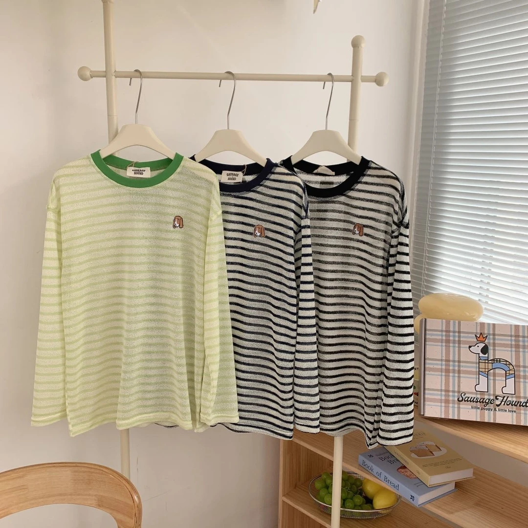 Z-XIN哈吉犬罩衫韩系春款条纹拼接宽松百搭字母休闲打底衫H6092