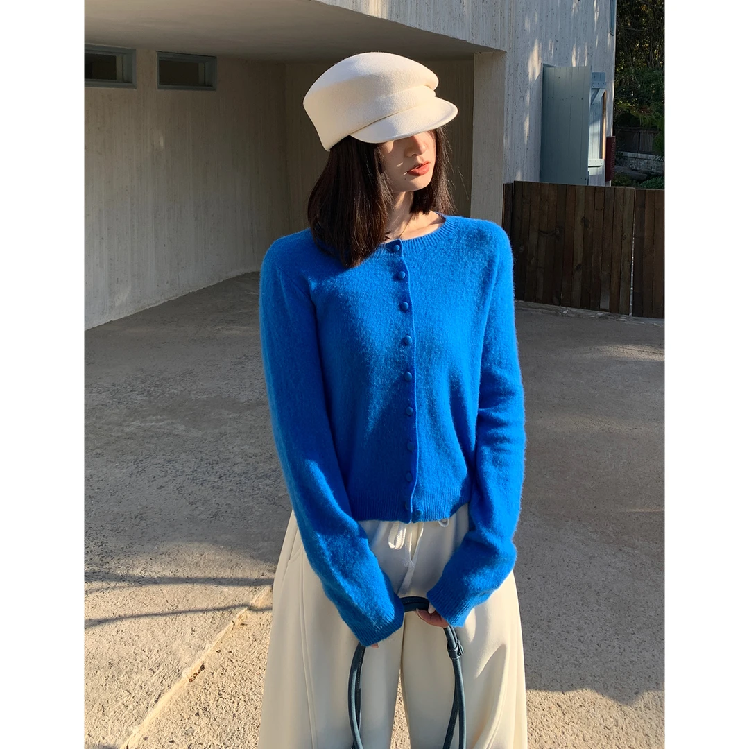 PRASE·噜【桃桃乌龙】山羊绒绵羊毛微胖显瘦圆领开衫毛织衫PR511C54