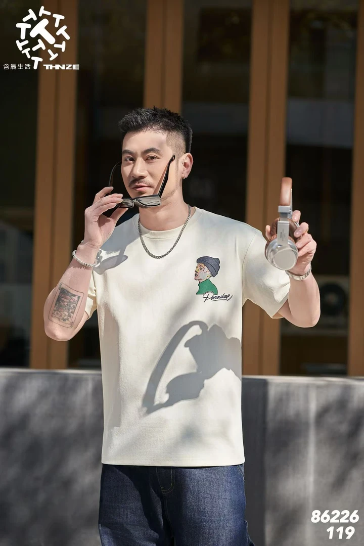 含辰生活男士夏季人像刺绣印花半袖上衣86226