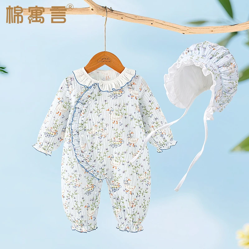 纯棉纱布连体衣春夏季宝宝哈衣超洋气婴儿外出服超萌小公主风爬服