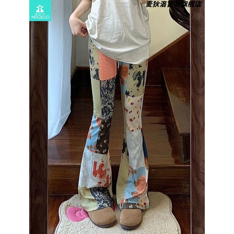 特大码300斤胖妹妹美式碎花微喇叭休闲裤女夏装高腰显瘦拖地长裤2
