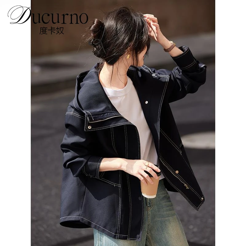 连帽夹克外套女2025秋季新款百搭时尚明线宽松休闲廓形短款风衣