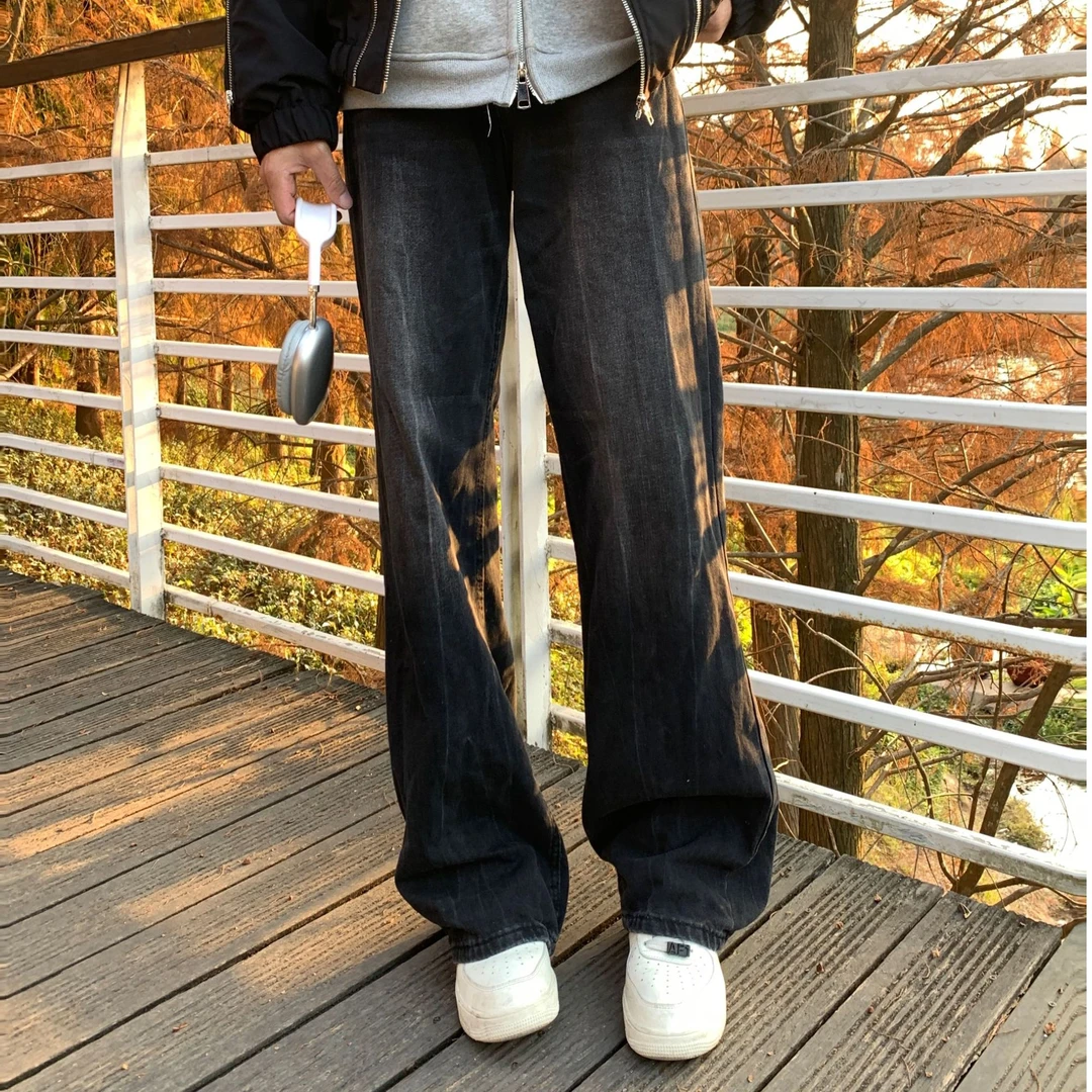 CoolboyBB 美式复古闪电纹牛仔裤男宽松直筒拖地长裤子