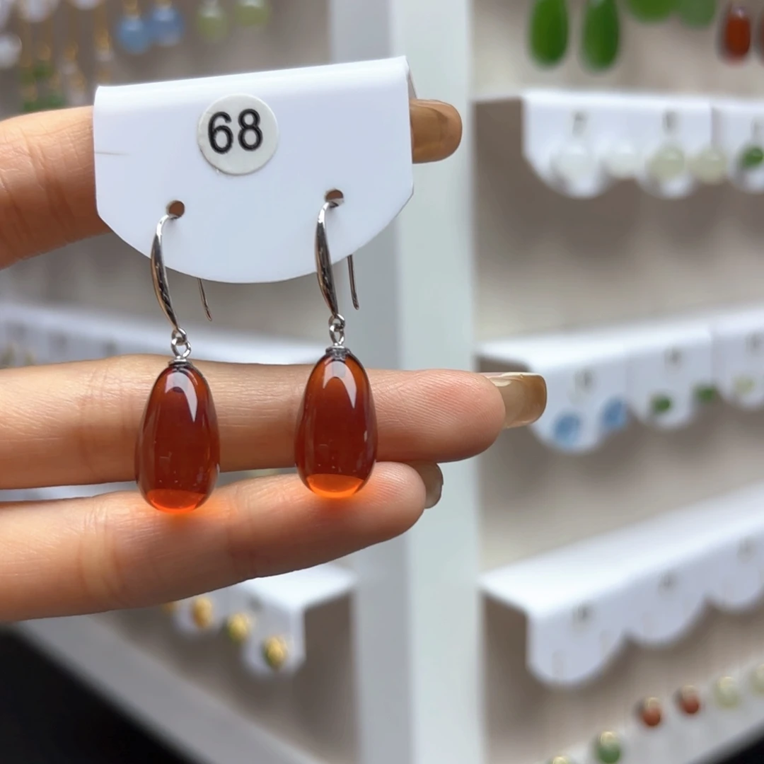 银S925镶嵌琥珀耳饰血珀