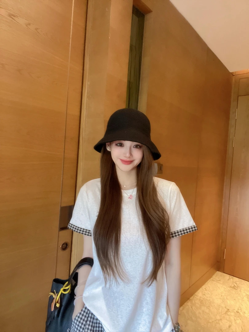 格子袖口白色短袖T恤 简约夏季