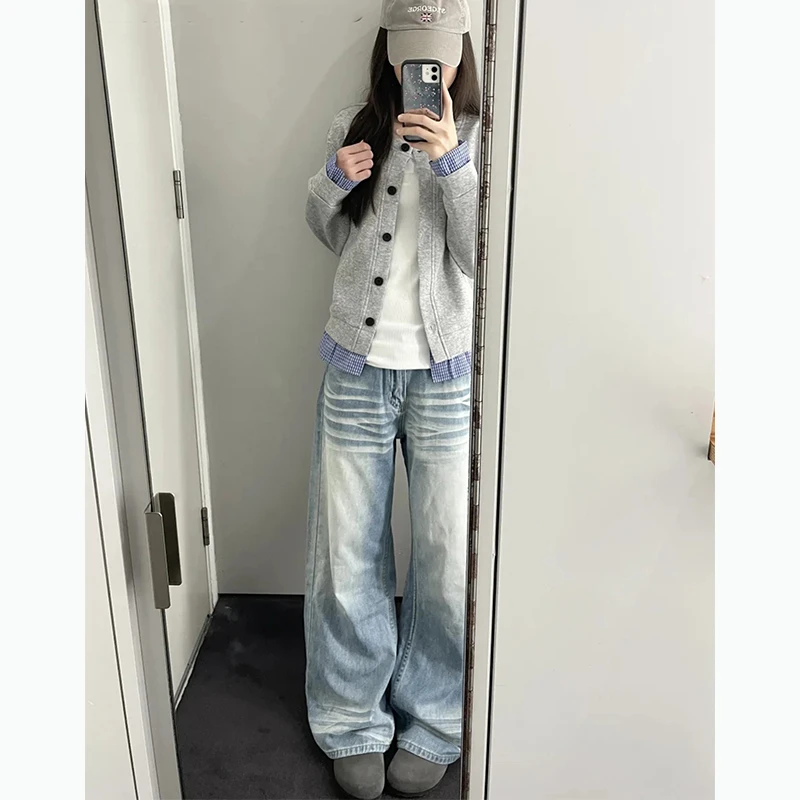 拉夏贝尔美式复古水洗做旧猫须牛仔裤女秋季宽松百搭浅蓝色直筒裤