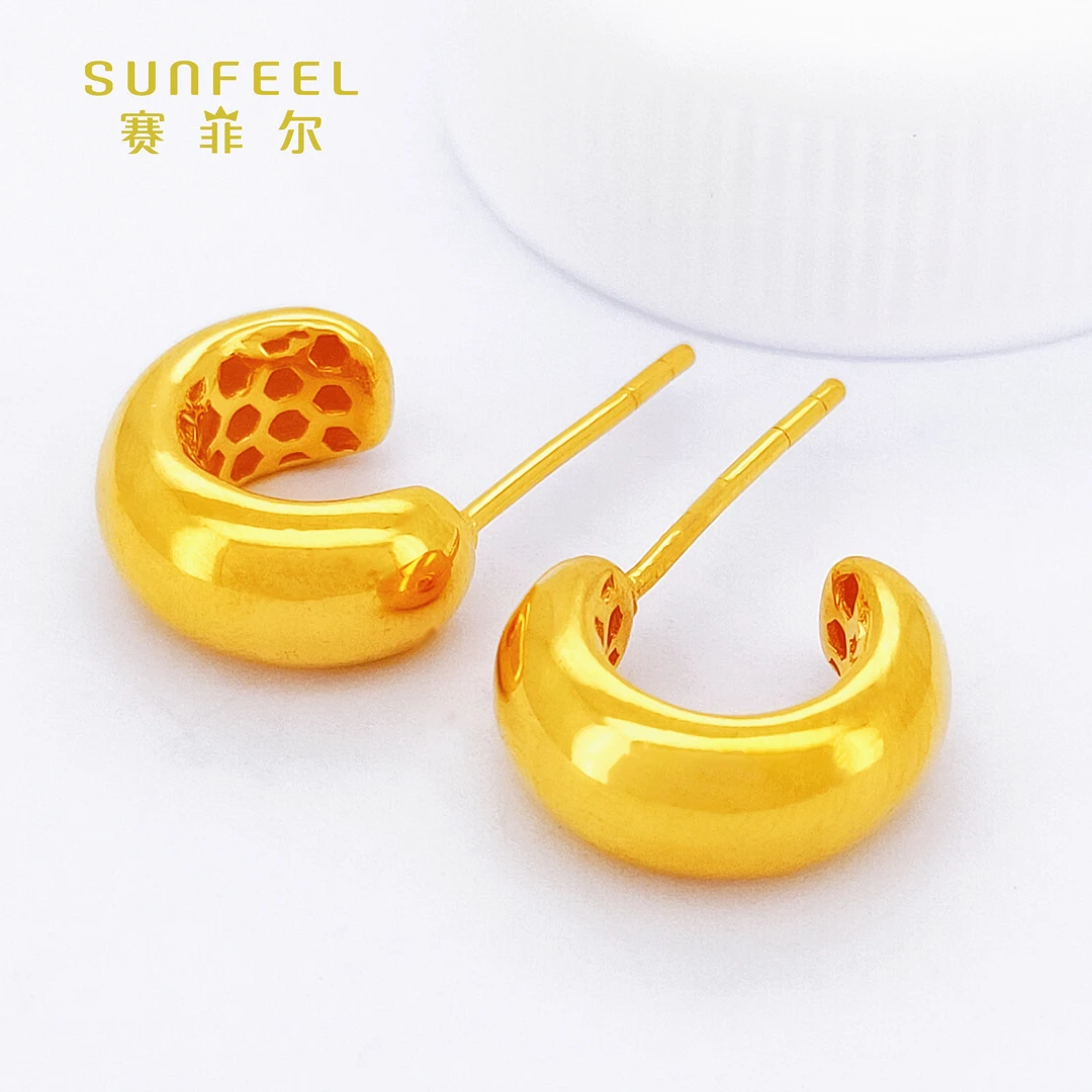 SUNFEEL/赛菲尔万足®足金黄金亮面耳圈直针经典耳饰送妈妈原料金