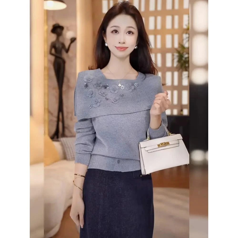 法式氛围感一字肩蝴蝶长袖针织衫女秋冬性感修身毛衣打底衫上衣女